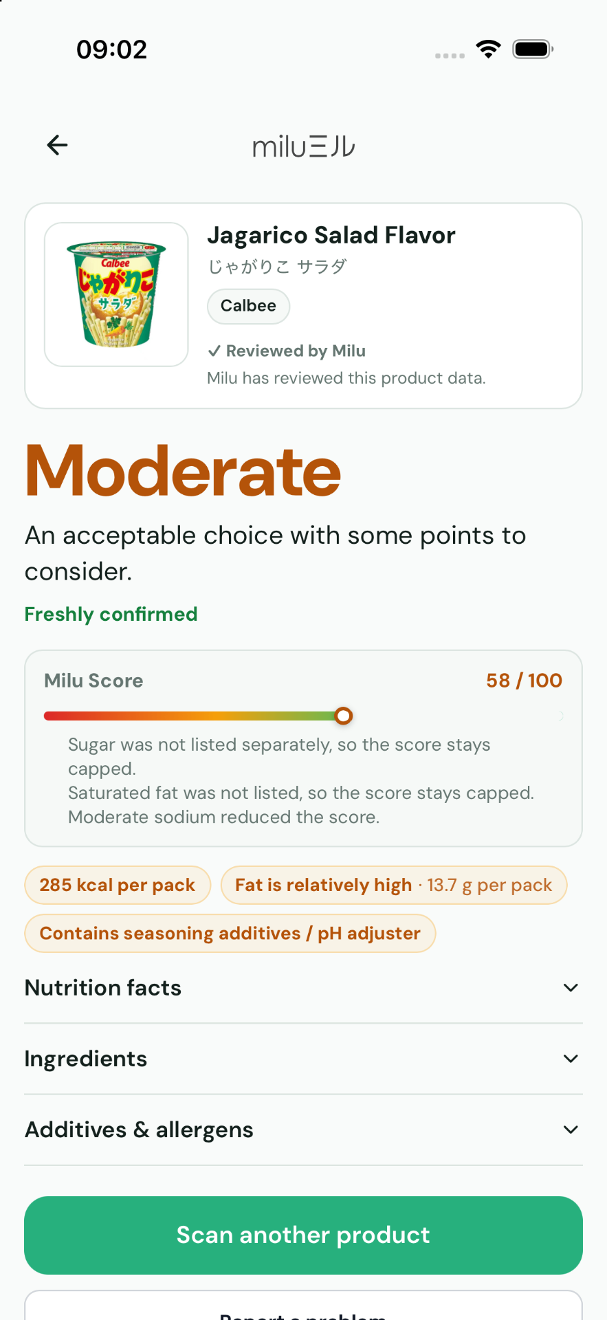 Milu result screen showing a Moderate score for Jagarico